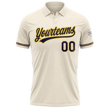 Custom Performance Vapor Golf Polo Shirt with Personalized Name and Number - Cream Navy-Yellow Personalized Cream Navy-Yellow