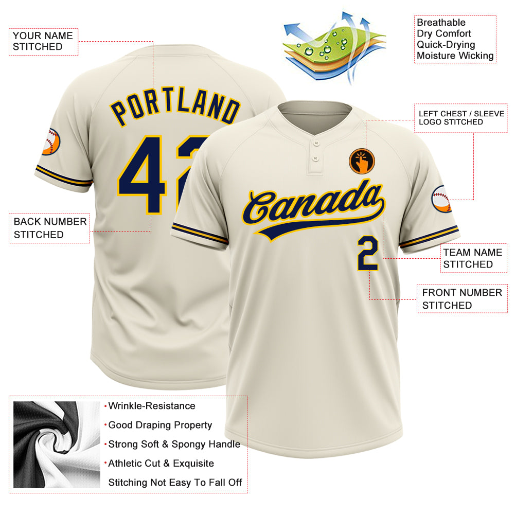 Personalized Cream Navy-Yellow Two-Button Unisex Softball Jersey Custom Unisex Softball Jersey in Cream and Navy-Yellow, Two-Button Design Personalized Cream Navy-Yellow Two-Button Unisex - Image 3