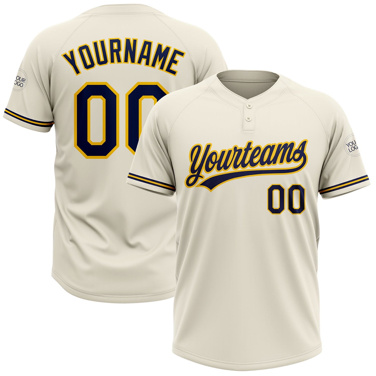 Custom Name and Number Softball Jersey - Personalized Unisex Cream Navy-Yellow Two-Button Design Personalized Cream Navy-Yellow