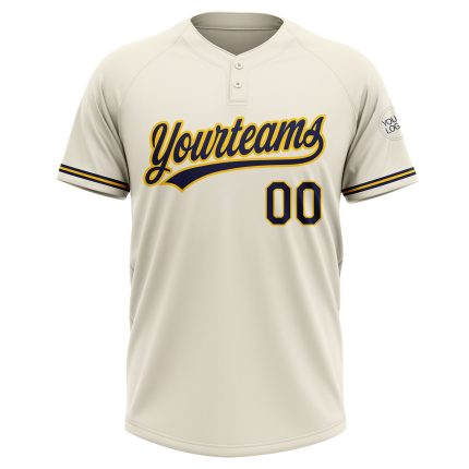 Custom Name and Number Softball Jersey - Personalized Unisex Cream Navy-Yellow Two-Button Design Personalized Cream Navy-Yellow