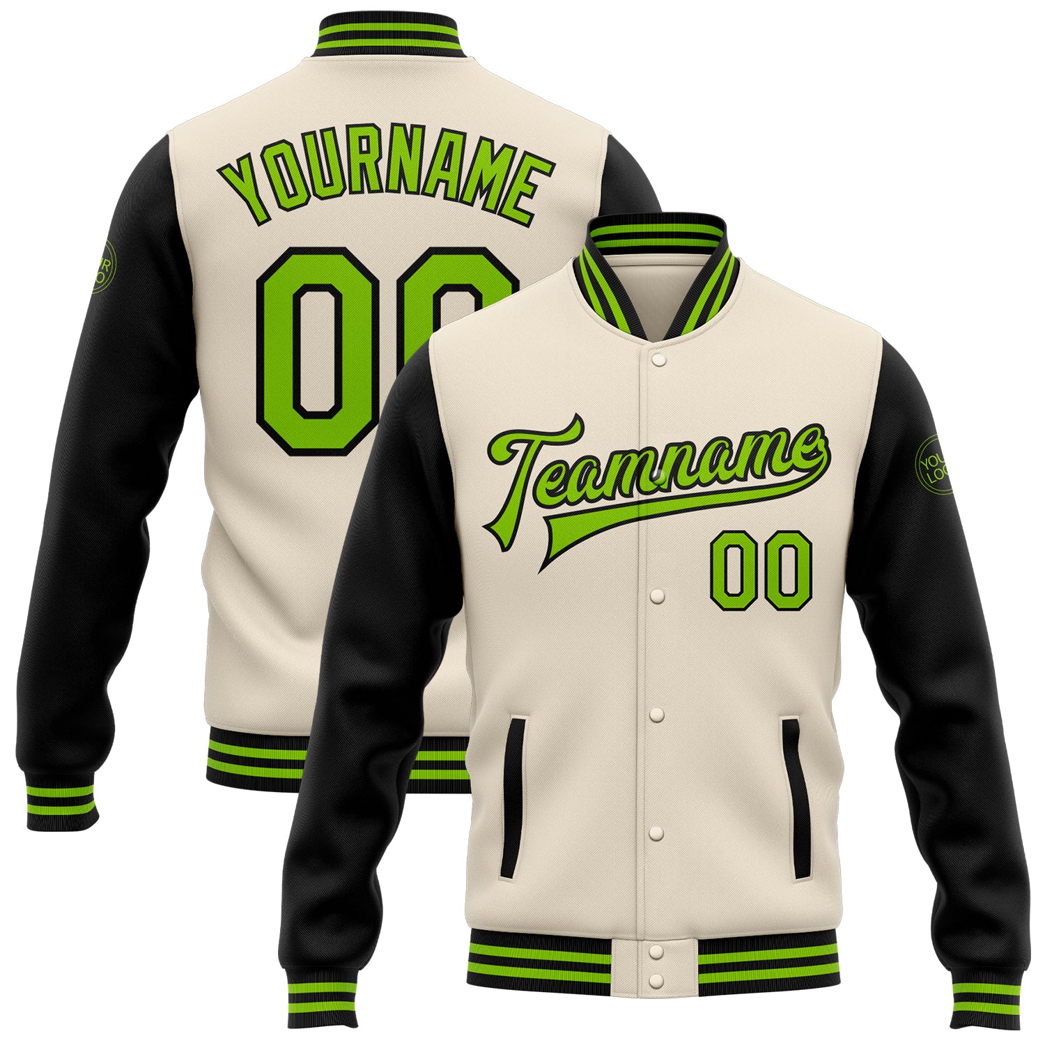 Personalized Neon Green Black Varsity Letterman Bomber Jacket Full-Snap Two Tone Personalized Cream Neon Green-Black Bomber