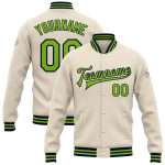 Personalized Varsity Letterman Jacket in Cream Neon Green and Navy Full-Snap Bomber Design Personalized Cream Neon Green-Navy