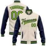 Custom Personalized Neon Green Navy Varsity Bomber Jacket with Name and Number - Two Tone Full-Snap Letterman Style Personalized