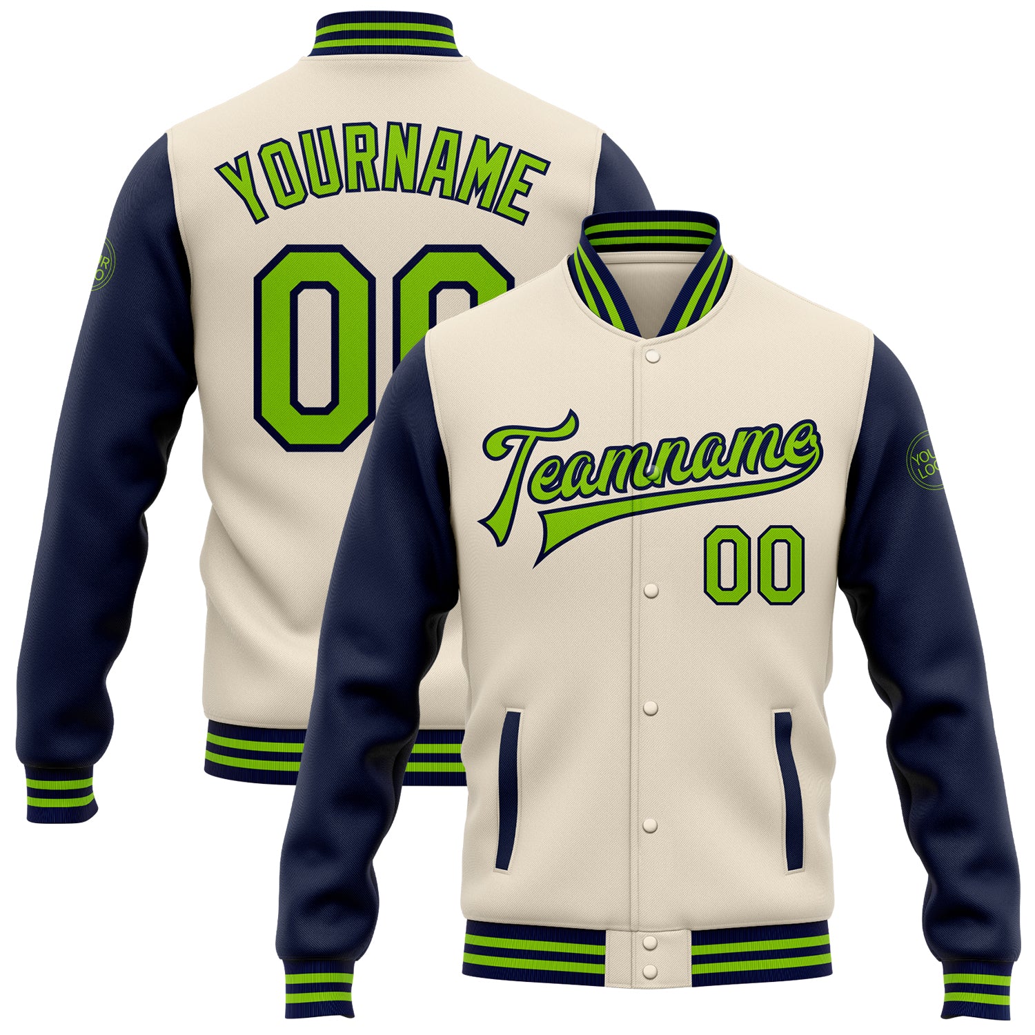 Custom Personalized Neon Green Navy Varsity Bomber Jacket with Name and Number - Two Tone Full-Snap Letterman Style Personalized