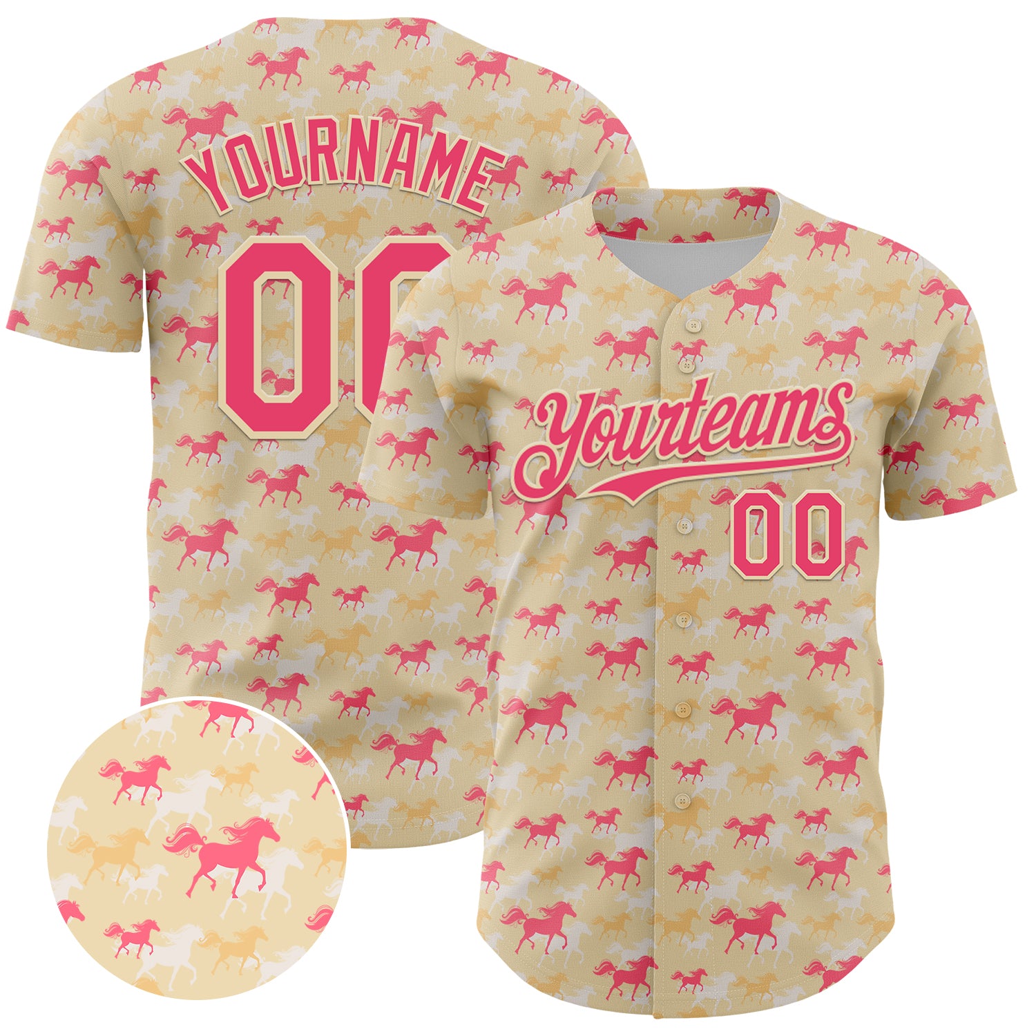 Personalized 3D Neon Pink Horse Baseball Jersey with Custom Name & Number - Authentic Team Design Personalized Cream Neon
