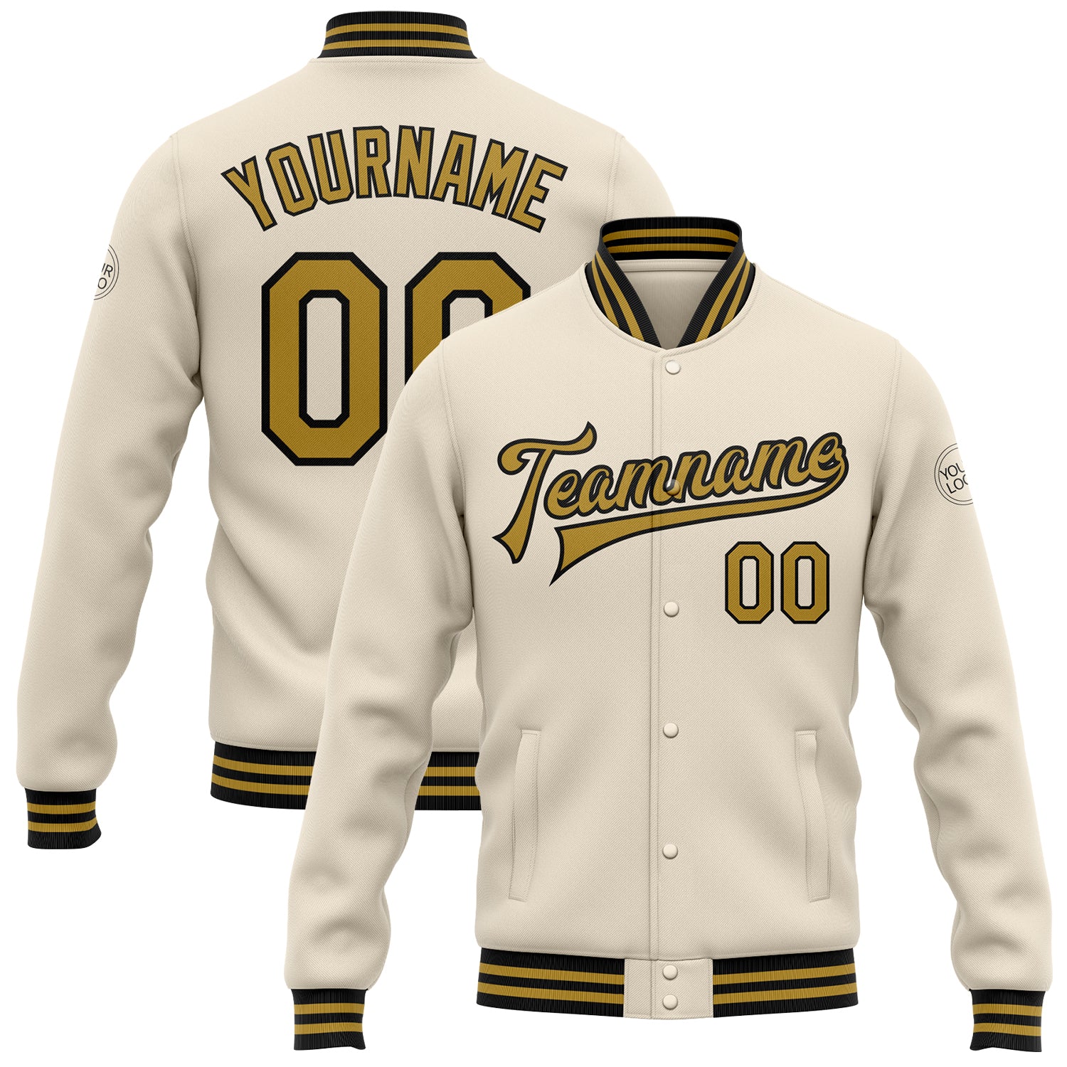 Personalized Old Gold Black Bomber Varsity Letterman Jacket - Full-Snap Style Personalized Cream Old Gold-Black Bomber Full-Snap