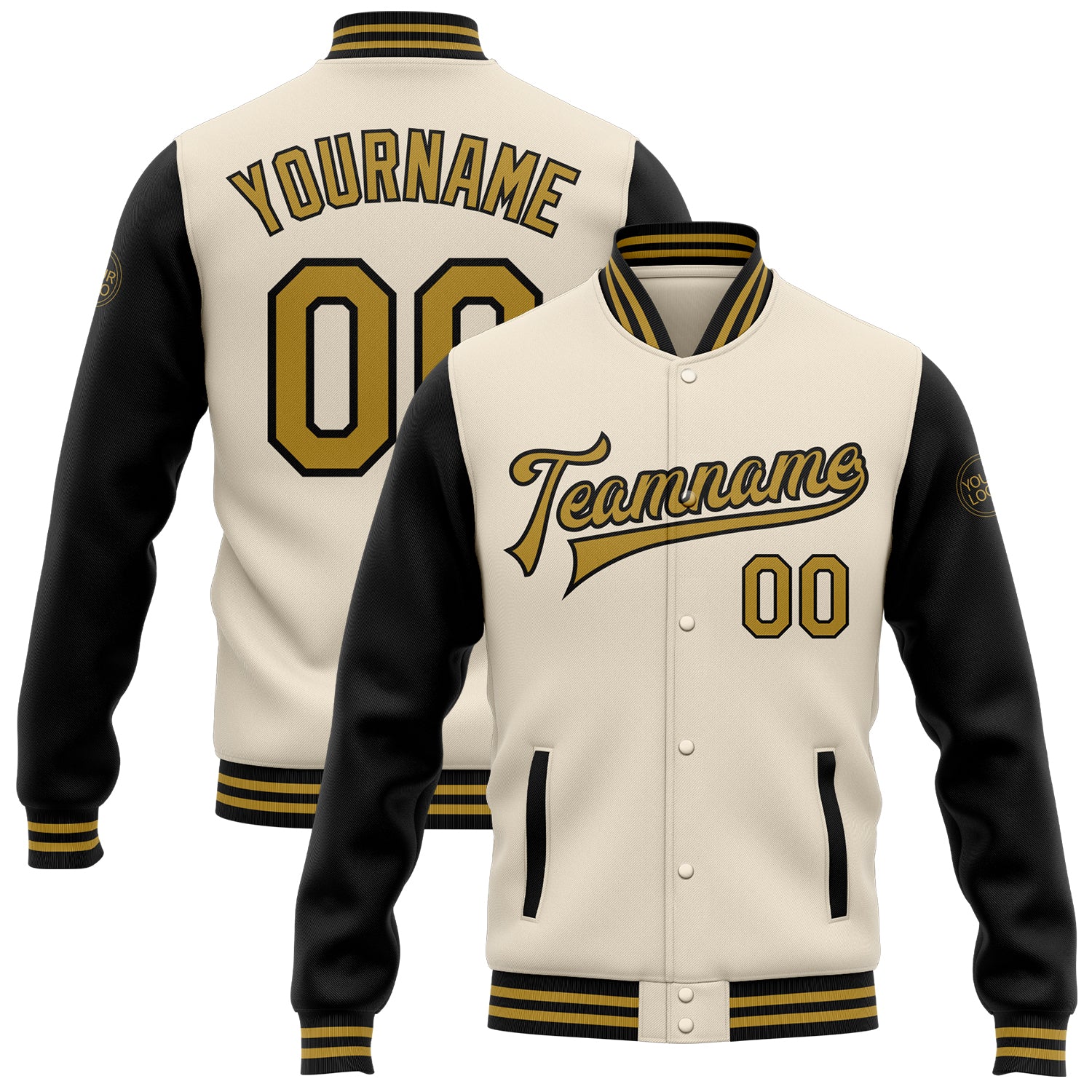 Custom Team Name and Number Old Gold-Black Two Tone Bomber Full-Snap Varsity Letterman Jacket - Personalized Cream Design