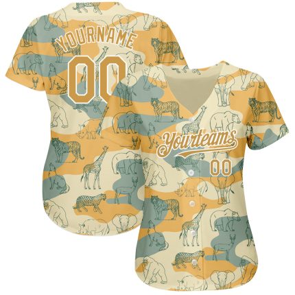 Personalized 3D Animal Baseball Jersey in Cream Old Gold-White for Men and Women Personalized Cream Old Gold-White 3D Animal