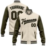 Personalized Two Tone Olive-Black Bomber Varsity Letterman Full-Snap Jacket Personalized Cream Olive-Black Bomber Full-Snap