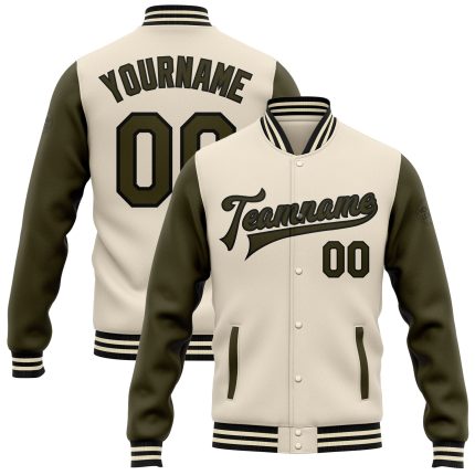 Personalized Two Tone Olive-Black Bomber Varsity Letterman Full-Snap Jacket Personalized Cream Olive-Black Bomber Full-Snap