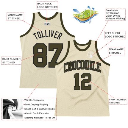 Personalized Olive-Black Basketball Jersey - Cream Throwback Design Personalized Cream Olive-Black Throwback Basketball Jersey