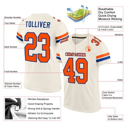 Custom Cream Orange Royal Mesh Football Jersey for Men and Women Personalized Cream Orang-Royal Mesh Football Jersey
