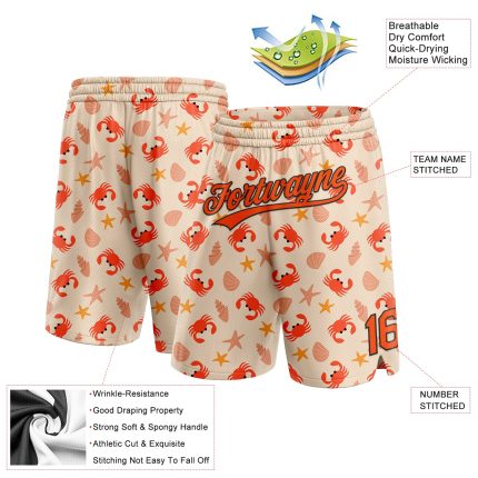 Custom Name and Number Basketball Shorts with Personalized 3D Crabs, Shells & Starfish Pattern in Cream, Orange & Black Personalized