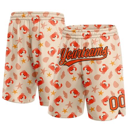 Custom Name and Number Basketball Shorts with Personalized 3D Crabs, Shells & Starfish Pattern in Cream, Orange & Black Personalized