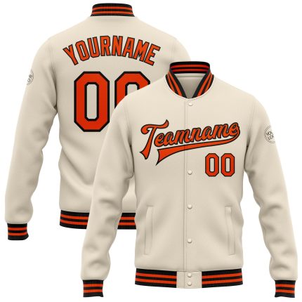 Custom Bomber Jacket Personalized Cream Orange Black Varsity Letterman Full-Snap Personalized Cream Orange-Black Bomber Full-Snap