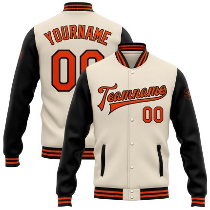Personalized Varsity Letterman Jacket Cream Orange-Black Full-Snap Bomber Two Tone Personalized Cream Orange-Black Bomber