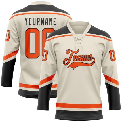 Personalized Orange Black Hockey Jersey with Lace Neck - Customizable Team Apparel Personalized Cream Orange-Black Hockey
