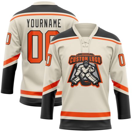 Personalized Orange Black Hockey Jersey with Lace Neck - Customizable Team Apparel Personalized Cream Orange-Black Hockey