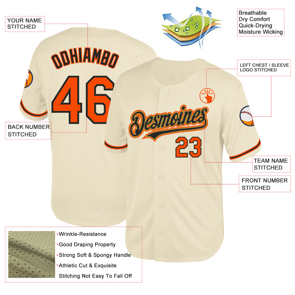 Personalized Cream Orange Black-Old Gold Mesh Authentic Throwback Baseball Jersey Team Custom Name and Number Custom Personalized Baseball Jersey with Cream Orange Black and Old Gold, Authentic Throwback Style, Custom Name and Number - Image 3