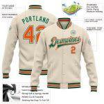 Personalized Bomber Jacket in Cream and Orange-Kelly Green, Full-Snap Varsity Letterman Style Personalized Cream Orange-Kelly
