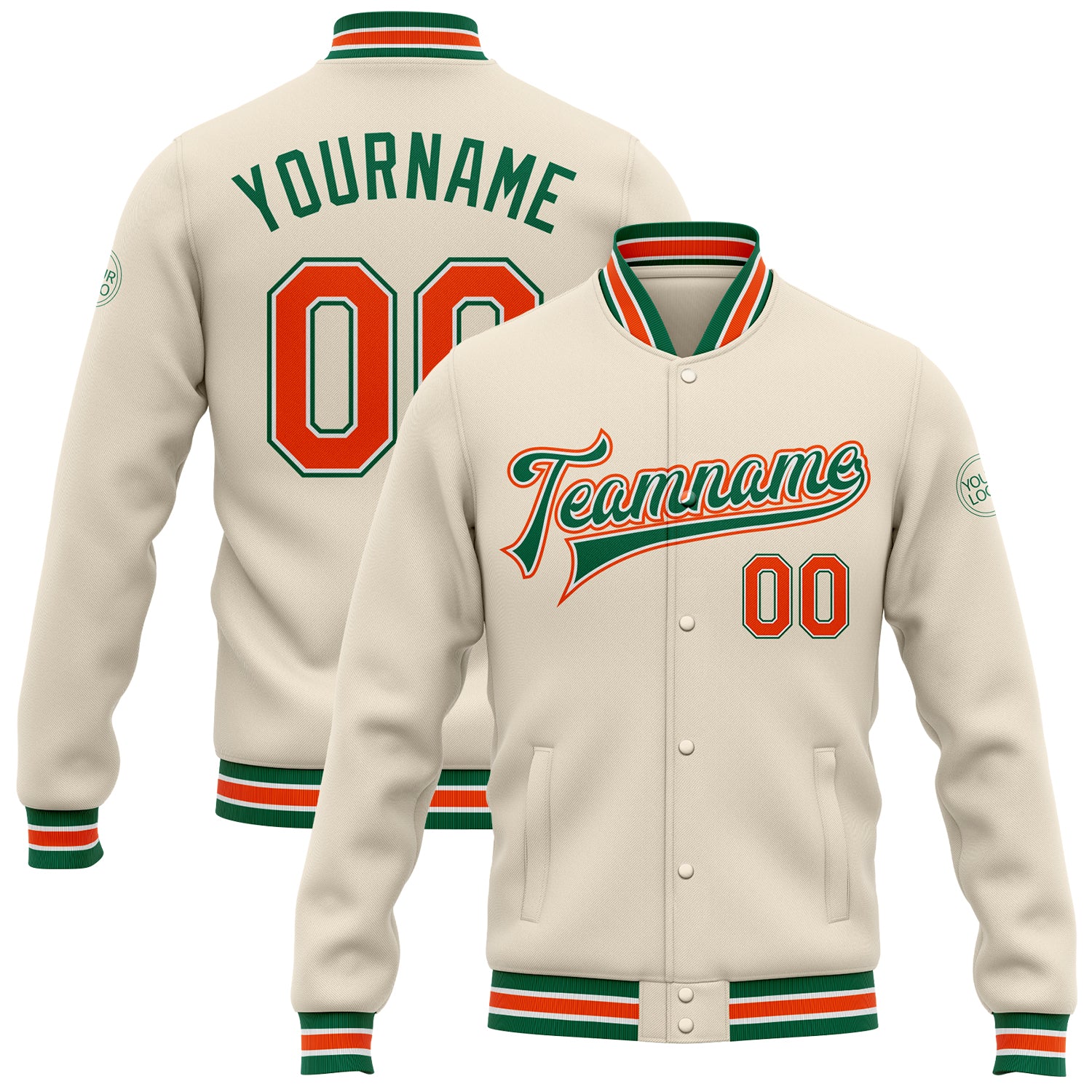 Custom Team Name Number Bomber Jacket Orange Kelly Green Full-Snap Varsity Letterman Personalized Gift Personalized Cream