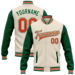 Personalized Two Tone Bomber Jacket in Cream and Orange-Kelly Green, Full-Snap Varsity Letterman Style Personalized Cream