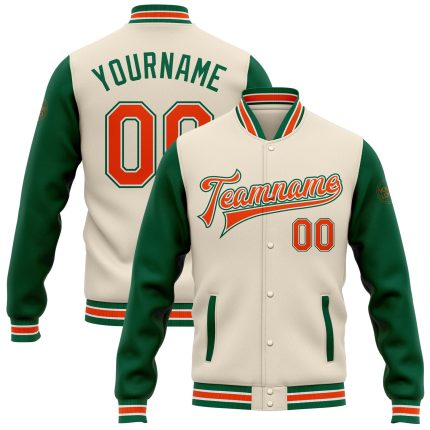 Personalized Two Tone Bomber Jacket in Cream and Orange-Kelly Green, Full-Snap Varsity Letterman Style Personalized Cream
