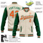 Custom Team Name Number Bomber Jacket Cream Orange Kelly Green Full-Snap Varsity Letterman Two Tone Personalized Cream Orange-Kelly