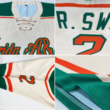 Personalized Hockey Jersey in Cream and Orange with Kelly Green Laces Personalized Cream Orange-Kelly Green Hockey Lace Neck