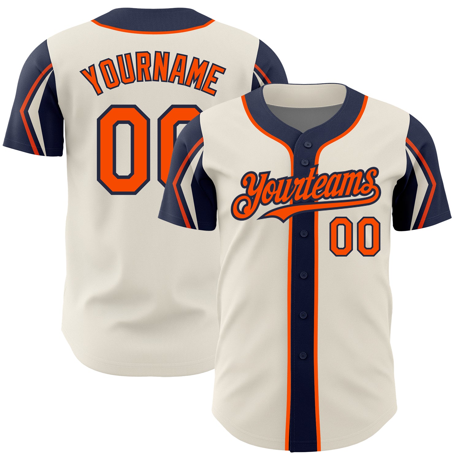 Custom Personalized Baseball Jersey - Cream Orange-Navy, 3 Colors, Arm Shapes, Team Name & Number Personalized Cream Orange-Navy