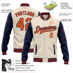Personalized Two Tone Varsity Letterman Jacket Cream Orange Navy Full-Snap Bomber Personalized Cream Orange-Navy Bomber Full-Snap