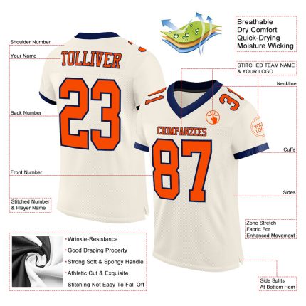 Customizable Orange Navy Mesh Football Jersey with Personalized Name and Number - Authentic Team Apparel Personalized Cream