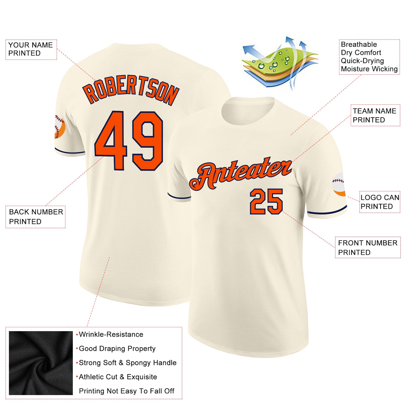 Personalized Cream Orange-Navy Performance T-Shirt Team Custom Name and Number Custom Name and Number Personalized Performance T-Shirt Cream Orange Navy for Team Support Personalized Cream Orange-Navy - Image 2