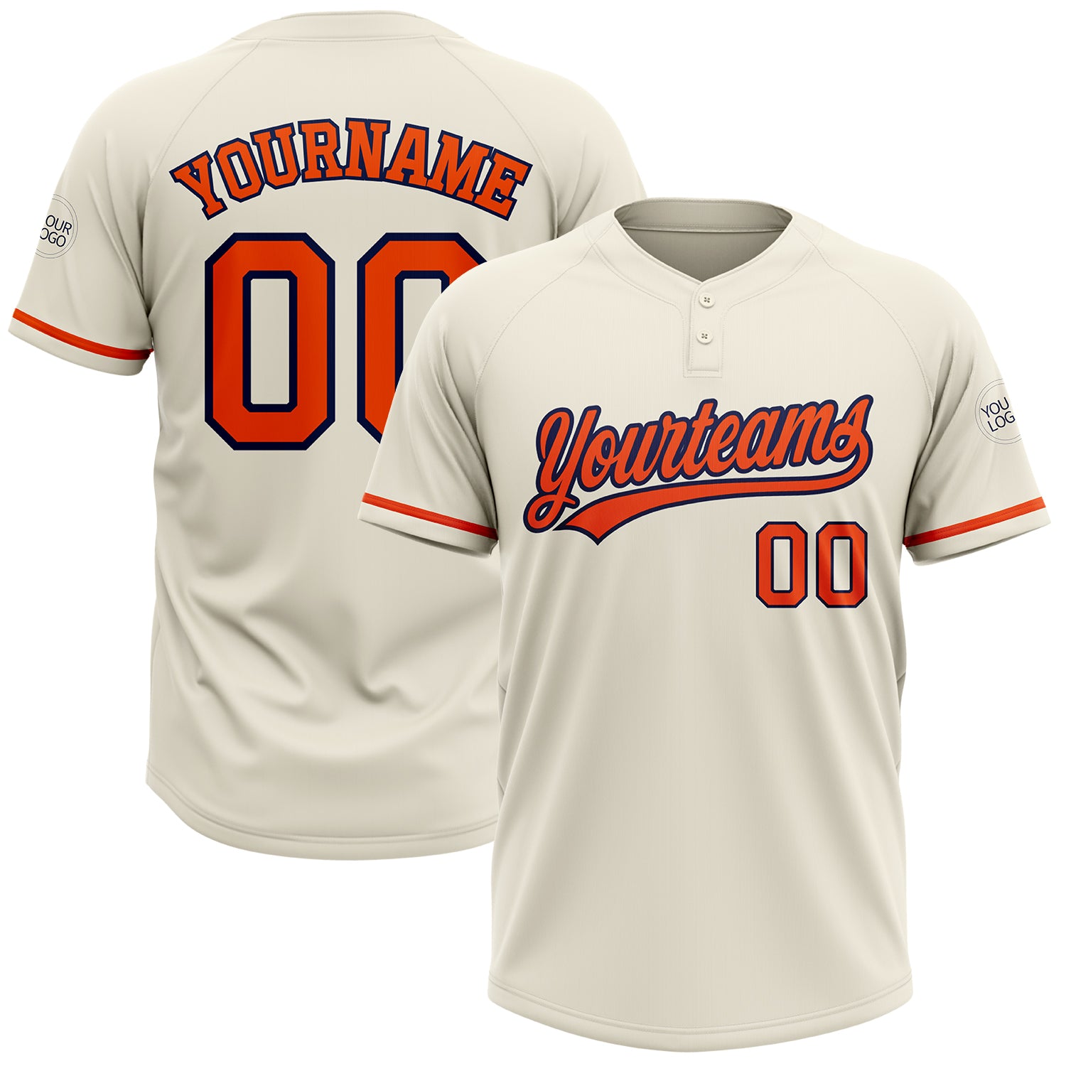 Custom Name Number Unisex Softball Jersey - Personalized Cream Orange-Navy Two-Button Design Personalized Cream Orange-Navy