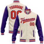 Custom Name and Number Varsity Letterman Bomber Jacket in Cream Orange-Purple Two Tone - Personalized Full-Snap Design Personalized