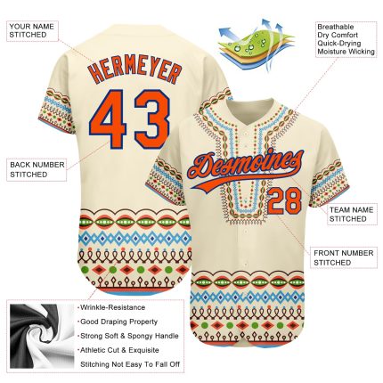 Custom 3D Traditional African Ethnic Style Baseball Jersey in Cream Orange-Royal Personalized Cream Orange-Royal 3D Traditional