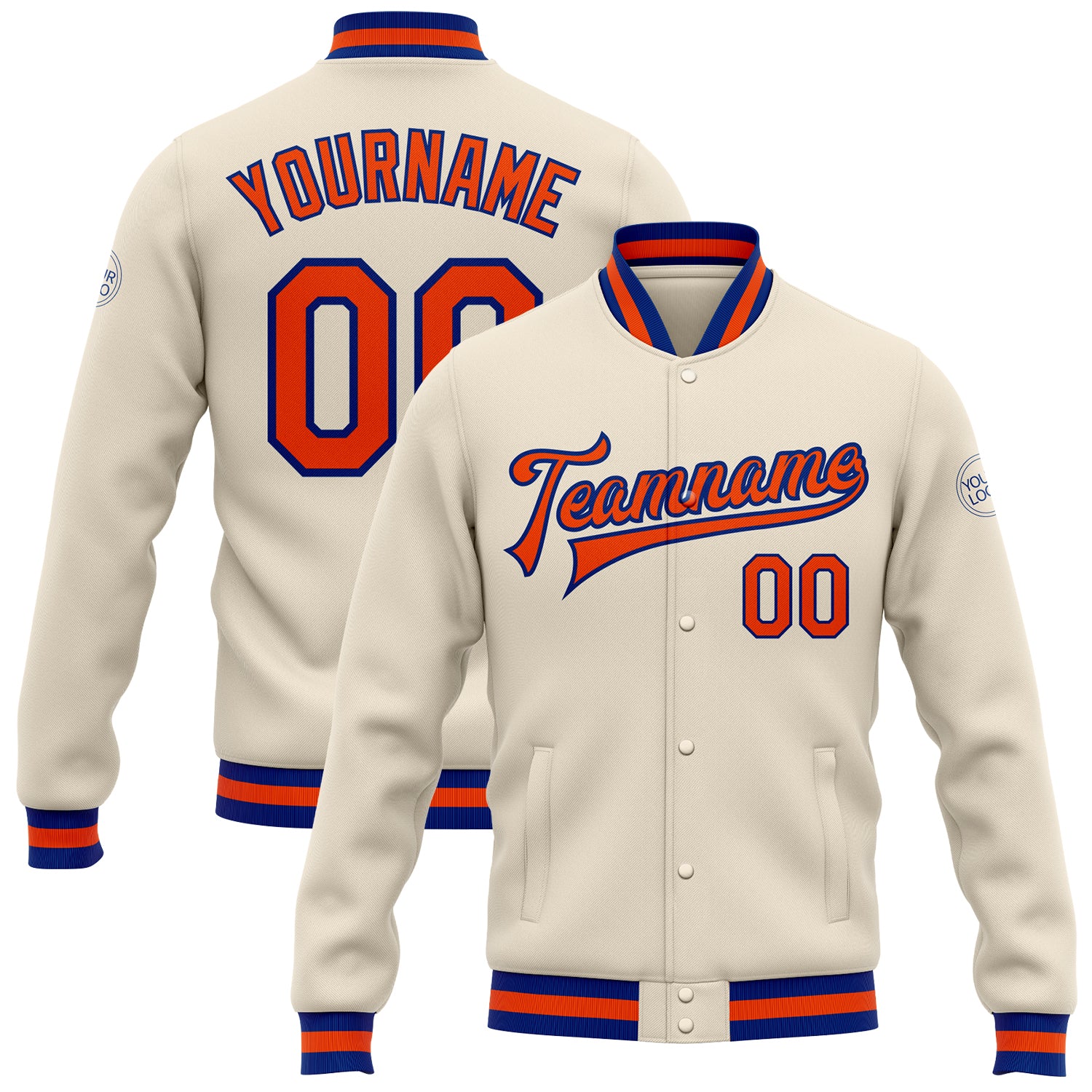 Custom Name Number Varsity Letterman Jacket Cream Orange Royal Bomber Full-Snap Personalized Team Apparels Personalized Cream