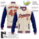 Personalized Two-Tone Varsity Letterman Jacket in Cream and Orange-Royal, Full-Snap Bomber Style Personalized Cream Orange-Royal