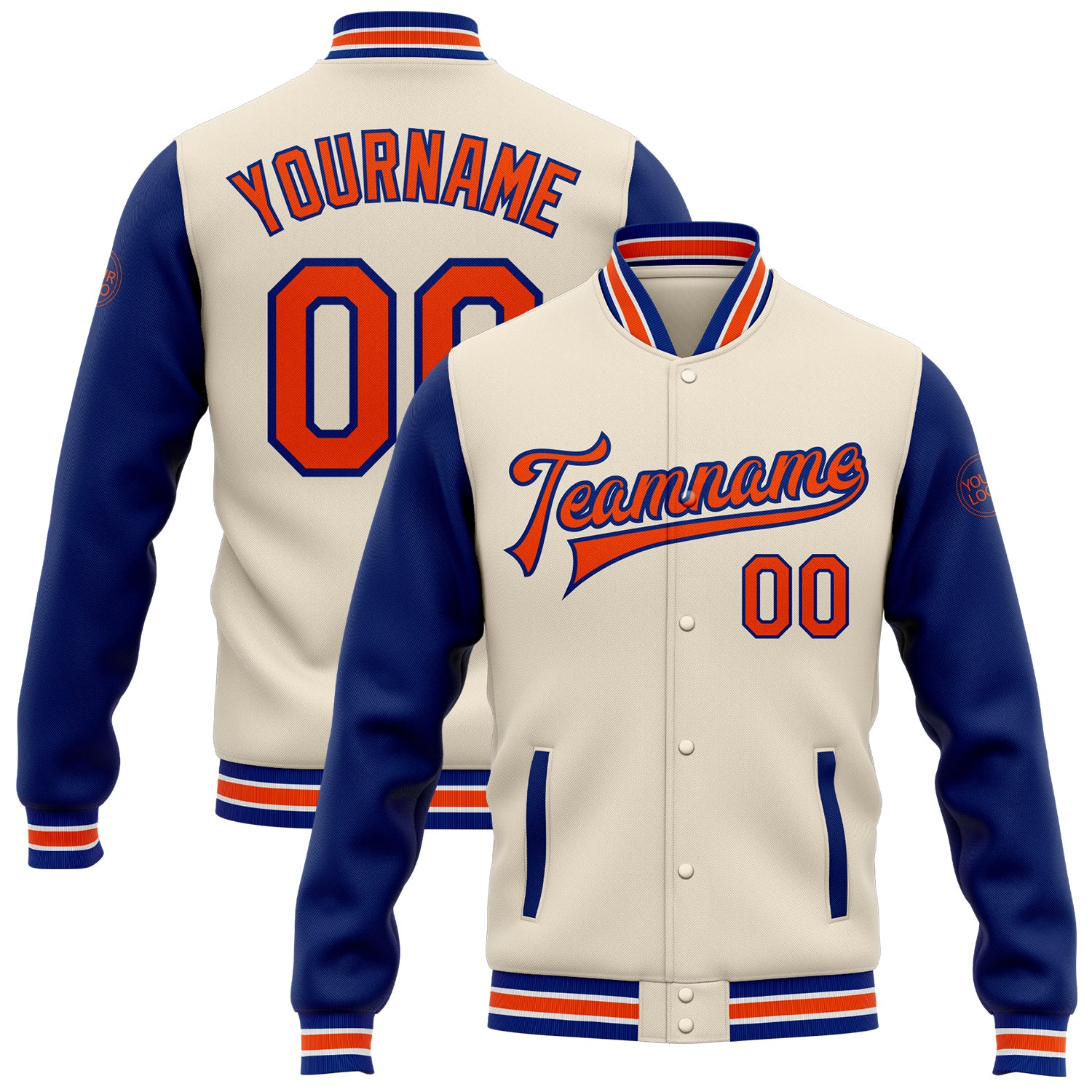 Custom Name and Number Two Tone Varsity Letterman Bomber Jacket Cream Orange-Royal Full-Snap Personalized Cream Orange-Royal
