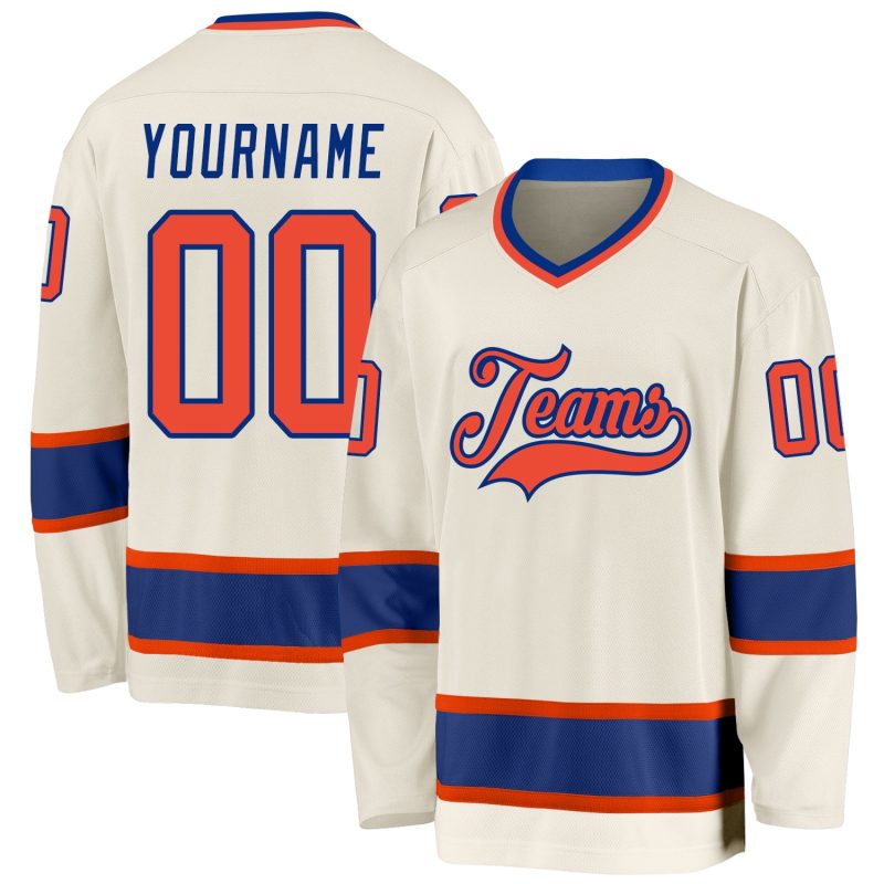 Custom Personalized Hockey Jersey - Cream Orange-Royal with Name & Number Personalized Cream Orange-Royal Hockey Jersey Team