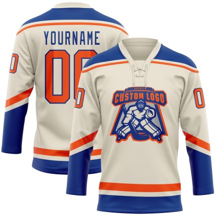 Personalized Orange-Royal Hockey Jersey with Lace Neck - Custom Sports Apparel Personalized Cream Orange-Royal Hockey Lace