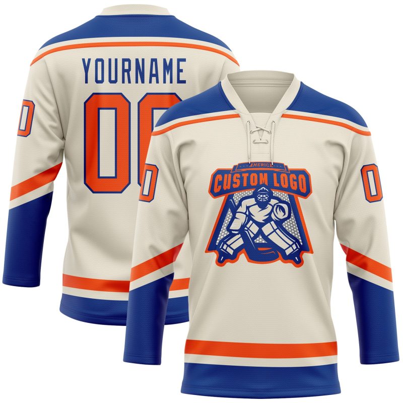 Personalized Orange-Royal Hockey Jersey with Lace Neck - Custom Sports Apparel Personalized Cream Orange-Royal Hockey Lace