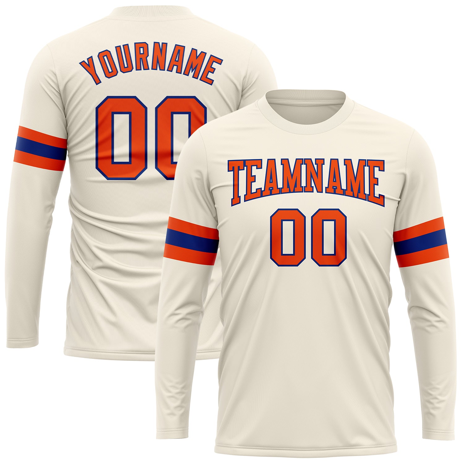 Custom Team Name Number Long Sleeve Performance T-Shirt in Cream Orange-Royal - Personalized Sportswear Personalized Cream