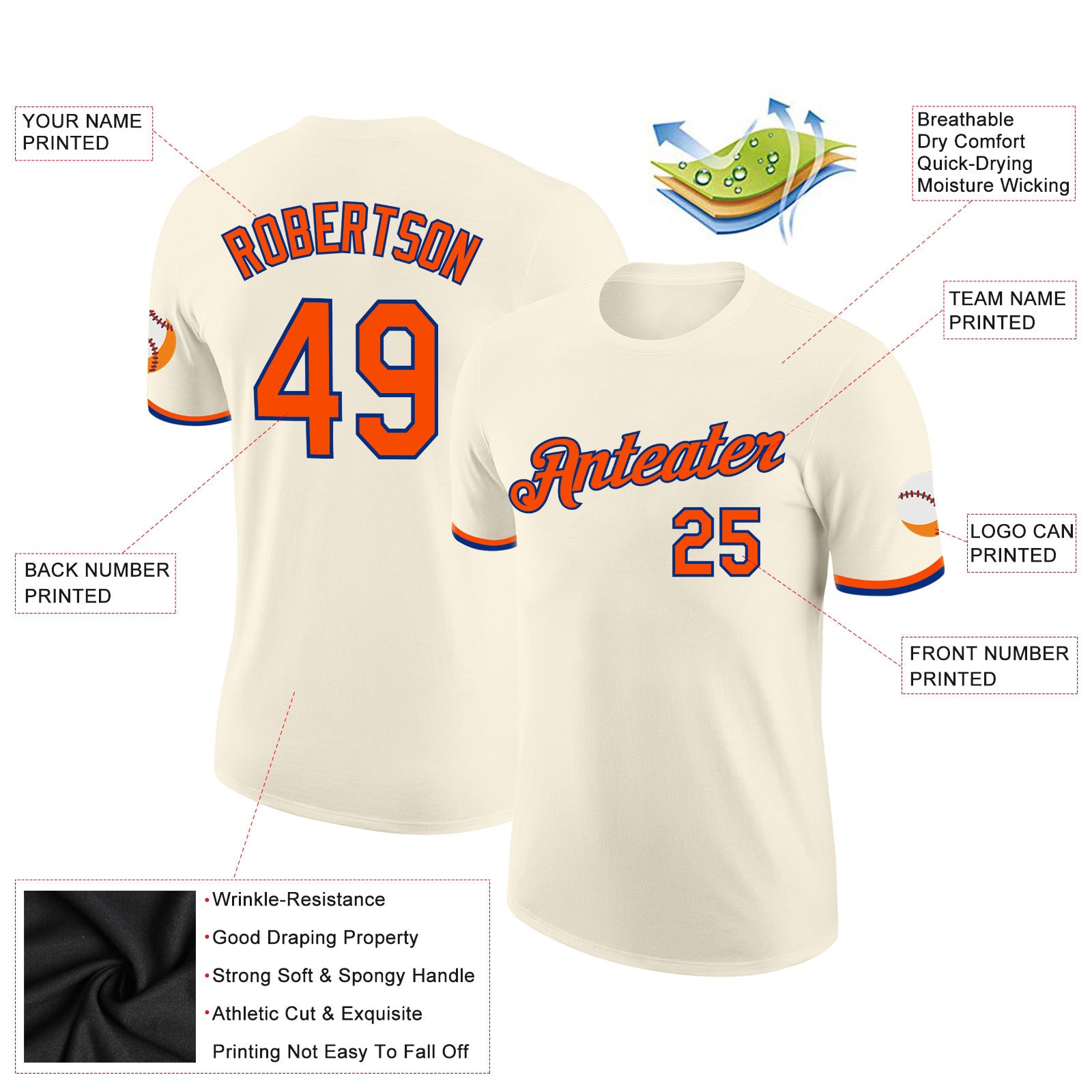 Personalized Cream Orange-Royal Performance T-Shirt Personalized Orange-Royal Performance T-Shirt for Men and Women, Custom Cream Color T-Shirt Personalized Cream Orange-Royal - Image 2