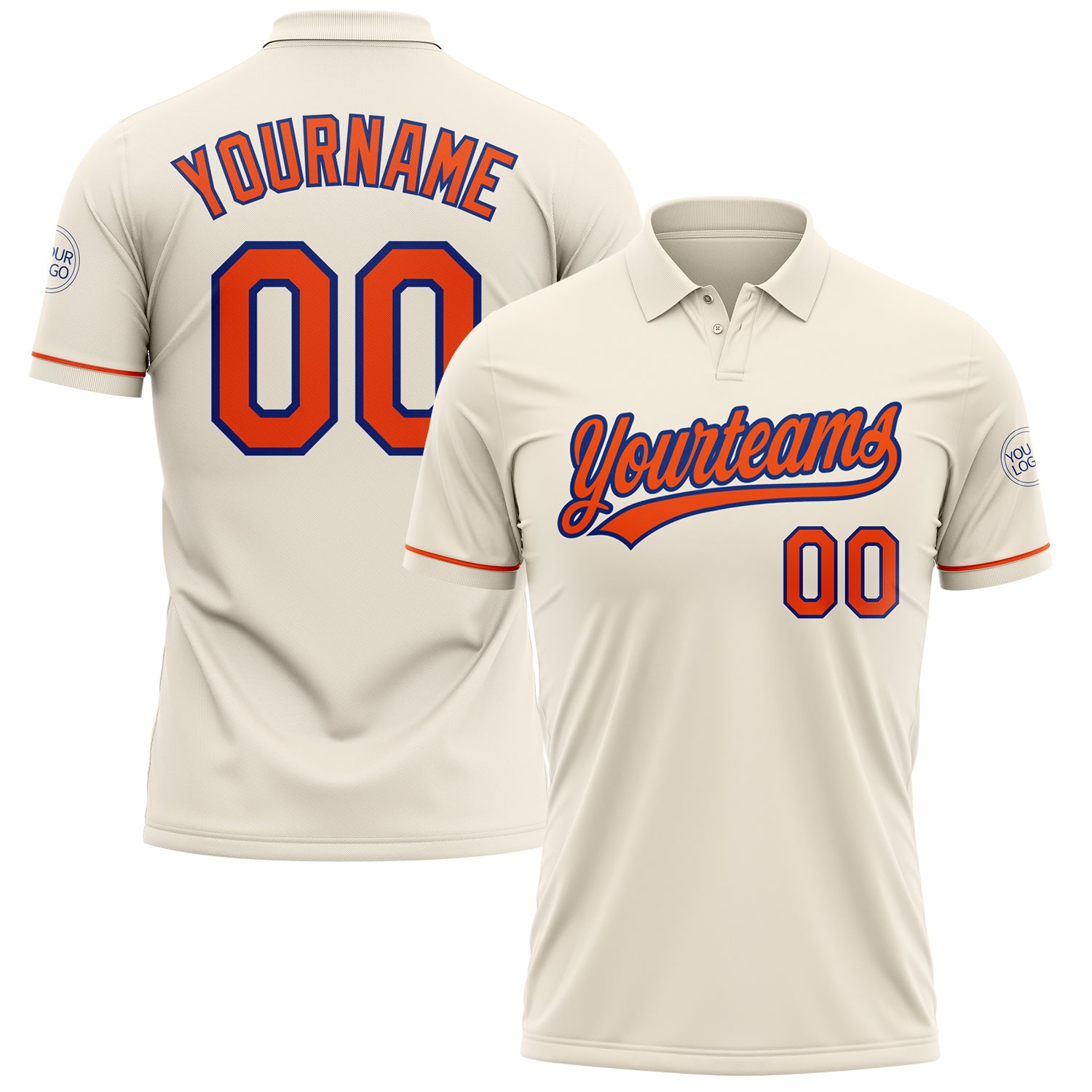 Custom Team Name Number Golf Polo Shirt - Personalized Orange-Royal Performance Vapor Personalized Cream Orange-Royal Performance