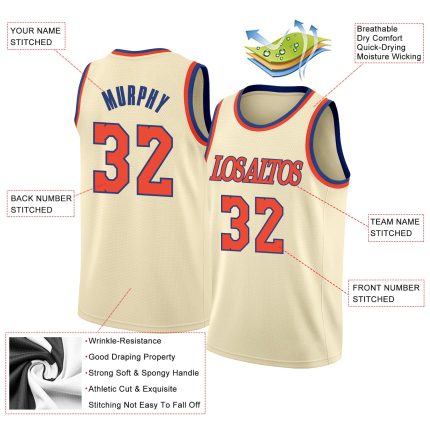 Custom Name and Number Basketball Jersey - Personalized Rib-Knit Cream Orange-Royal Round Neck Personalized Cream Orange-Royal