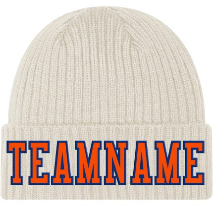 Custom Name and Number Personalized Cuffed Knit Hat in Cream and Orange-Royal Stitched Team Beanie Personalized Cream Orange-Royal