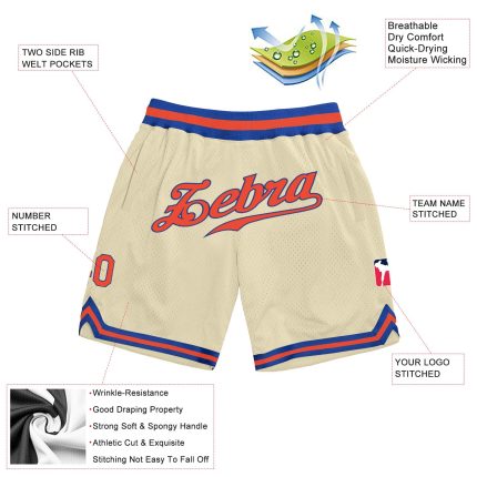 Personalized Orange-Royal Throwback Basketball Shorts for Men, Comfortable Athletic Wear Personalized Cream Orange-Royal