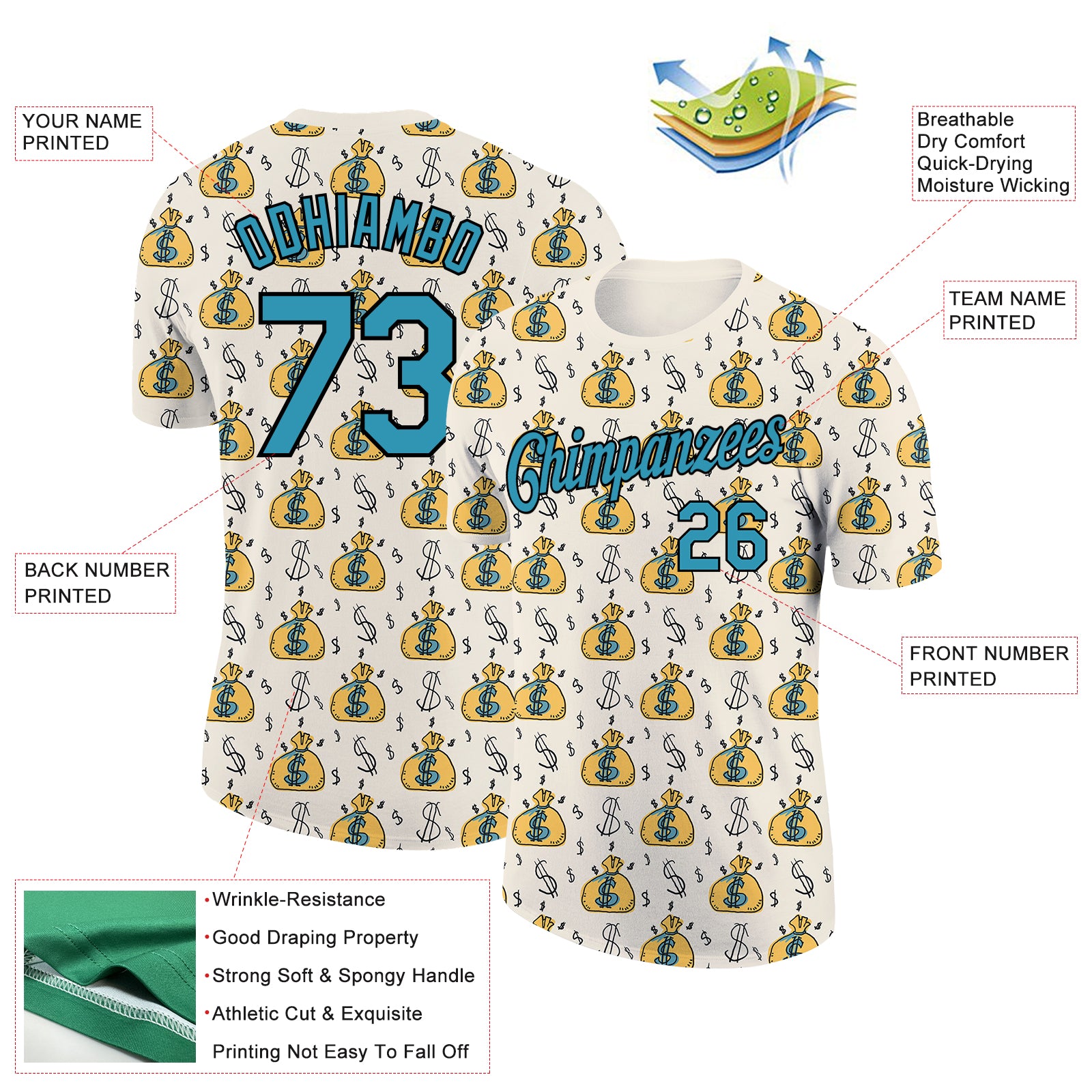 Personalized Cream Panther Blue-Black 3D Dollar Sign Money Theme Performance T-Shirt Personalized Blue-Black Panther 3D Dollar Sign Money Theme T-Shirt for Performance Personalized Cream Panther Blue-Black - Image 2