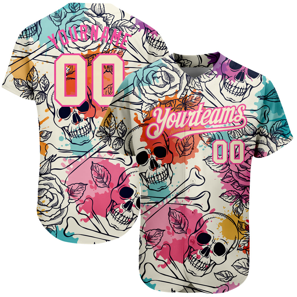 Custom Name Number Baseball Jersey 3D Flower Skull Design Cream Pink Black Fashion Authentic Personalized Cream Pink-Black